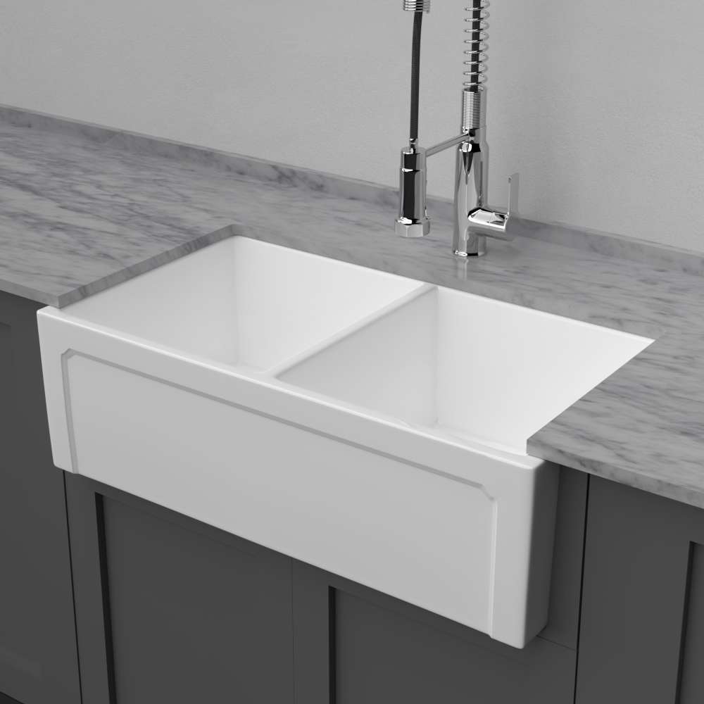 33" Umber Handcrafted Fireclay Double-Bowl Framed Apron Farmhouse Sink - White