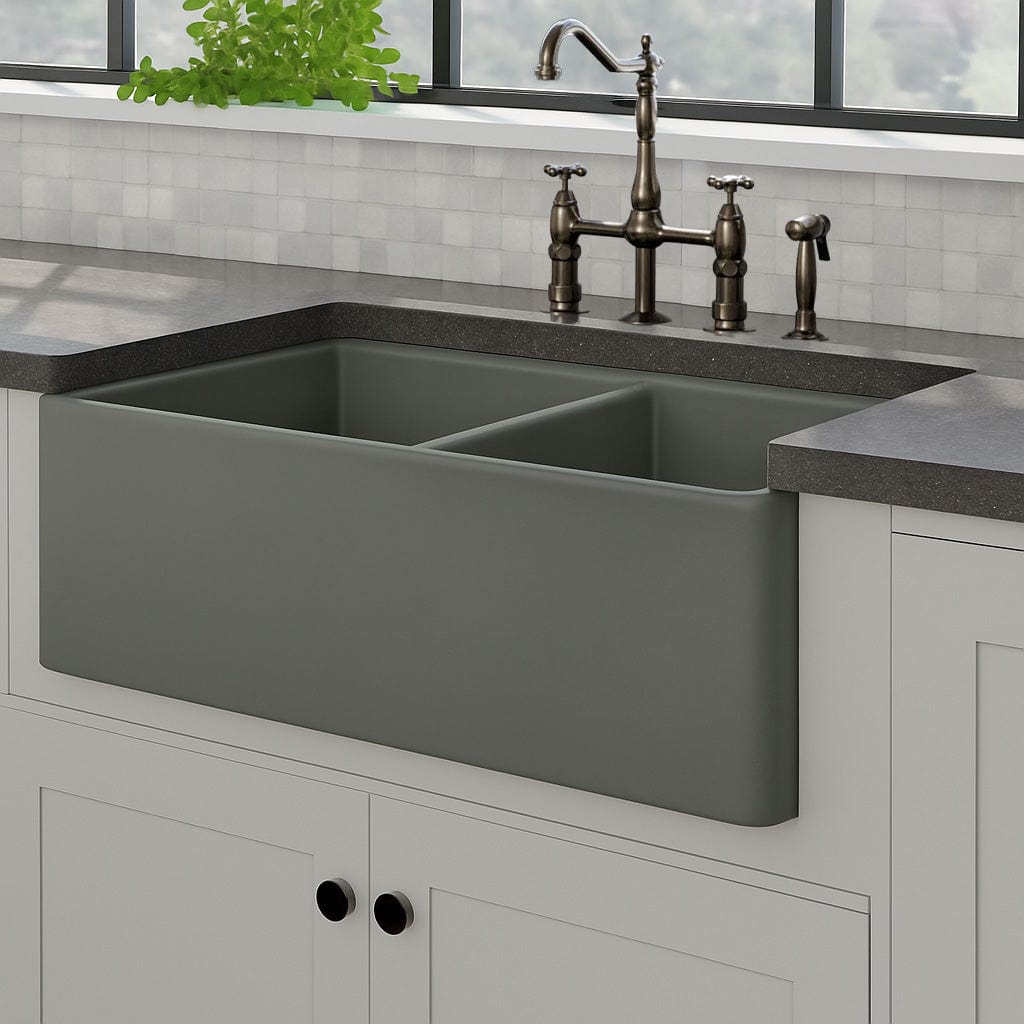 33" Umber Handcrafted Fireclay Double-Bowl Smooth Apron Farmhouse B-Grade Sink - Concrete