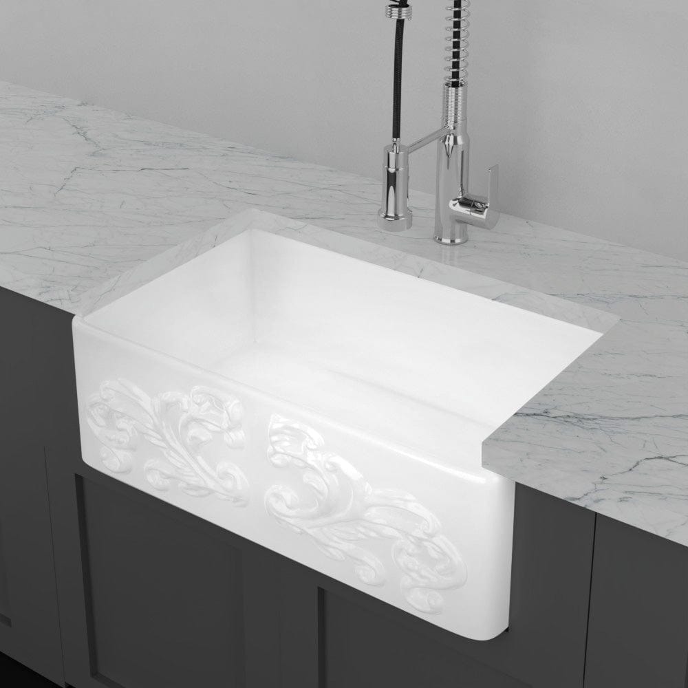 33" Una Handcrafted Fireclay Single-Bowl Foliage Apron Farmhouse B-Grade Sink - White