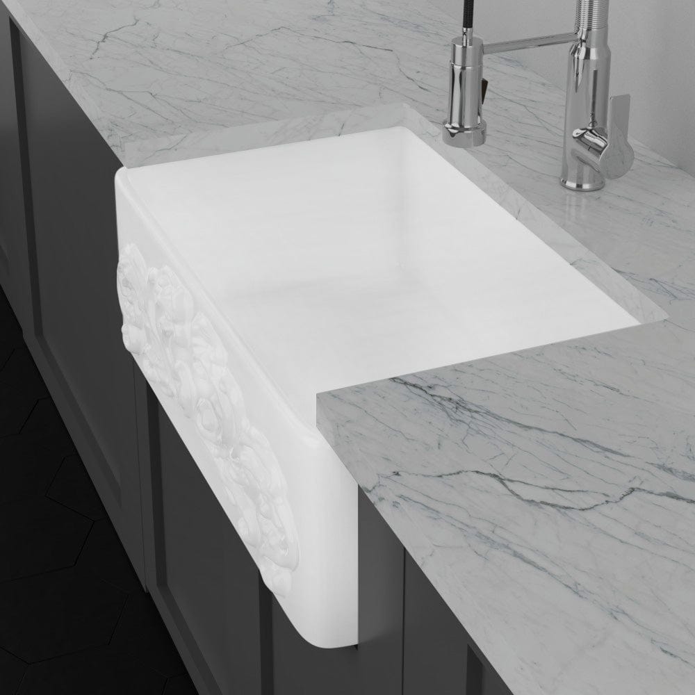 33" Una Handcrafted Fireclay Single-Bowl Foliage Apron Farmhouse B-Grade Sink - White