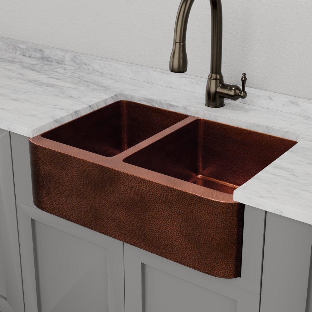 33" Viki 60/40 Hammered Copper Farmhouse Sink - Antique Copper Interior with Dark Copper Exterior