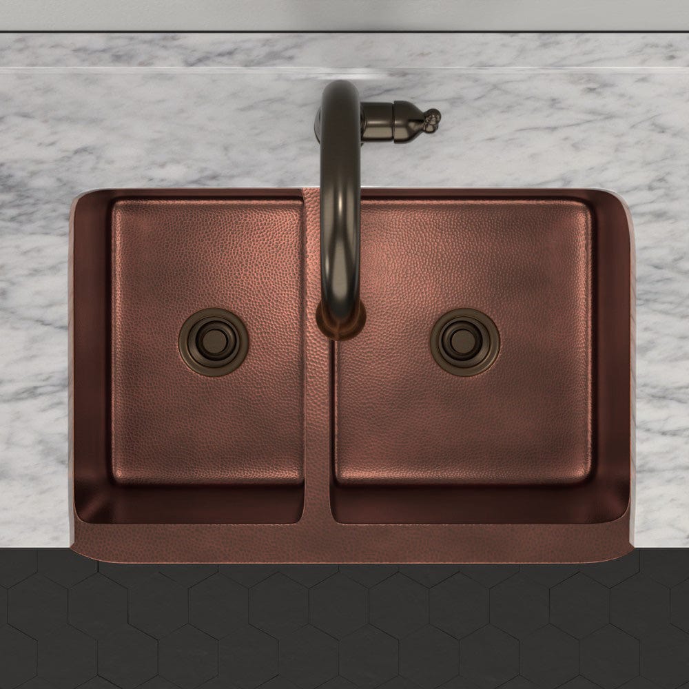 33" Viki 60/40 Hammered Copper Farmhouse Sink - Antique Copper Interior with Dark Copper Exterior