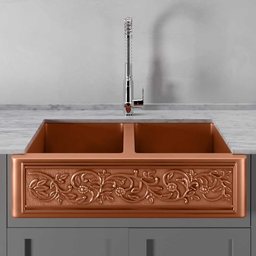 36" Ashland Copper Vine Design Double-Bowl Farmhouse Sink