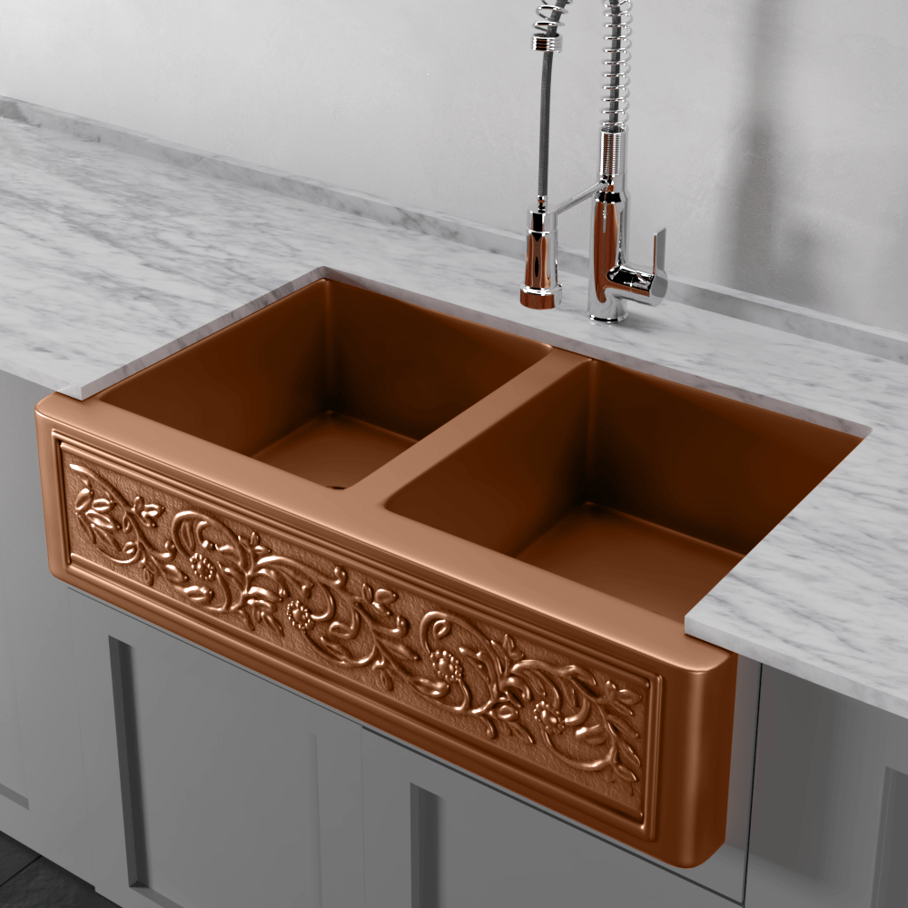 36" Ashland Copper Vine Design Double-Bowl Farmhouse Sink