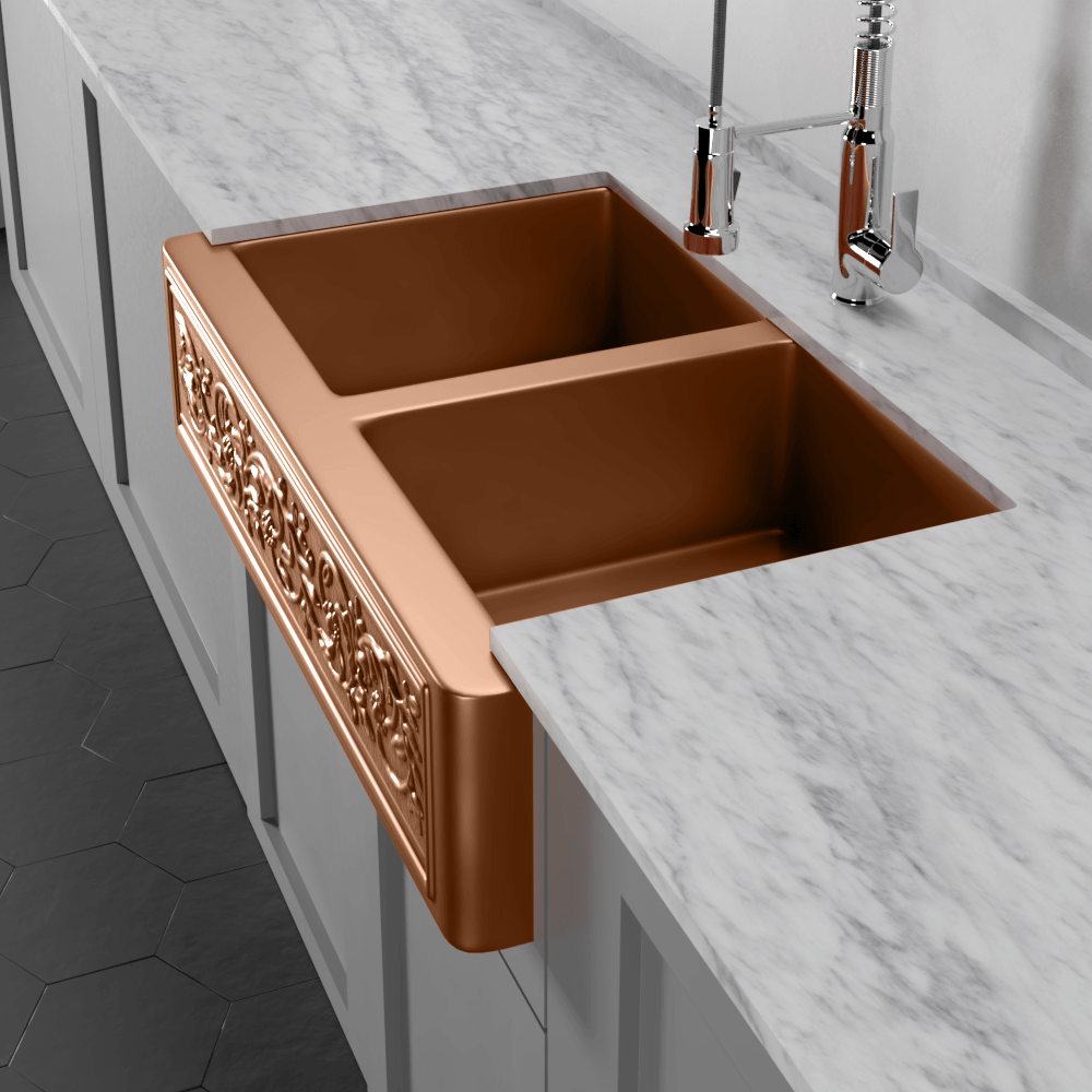 36" Ashland Copper Vine Design Double-Bowl Farmhouse Sink
