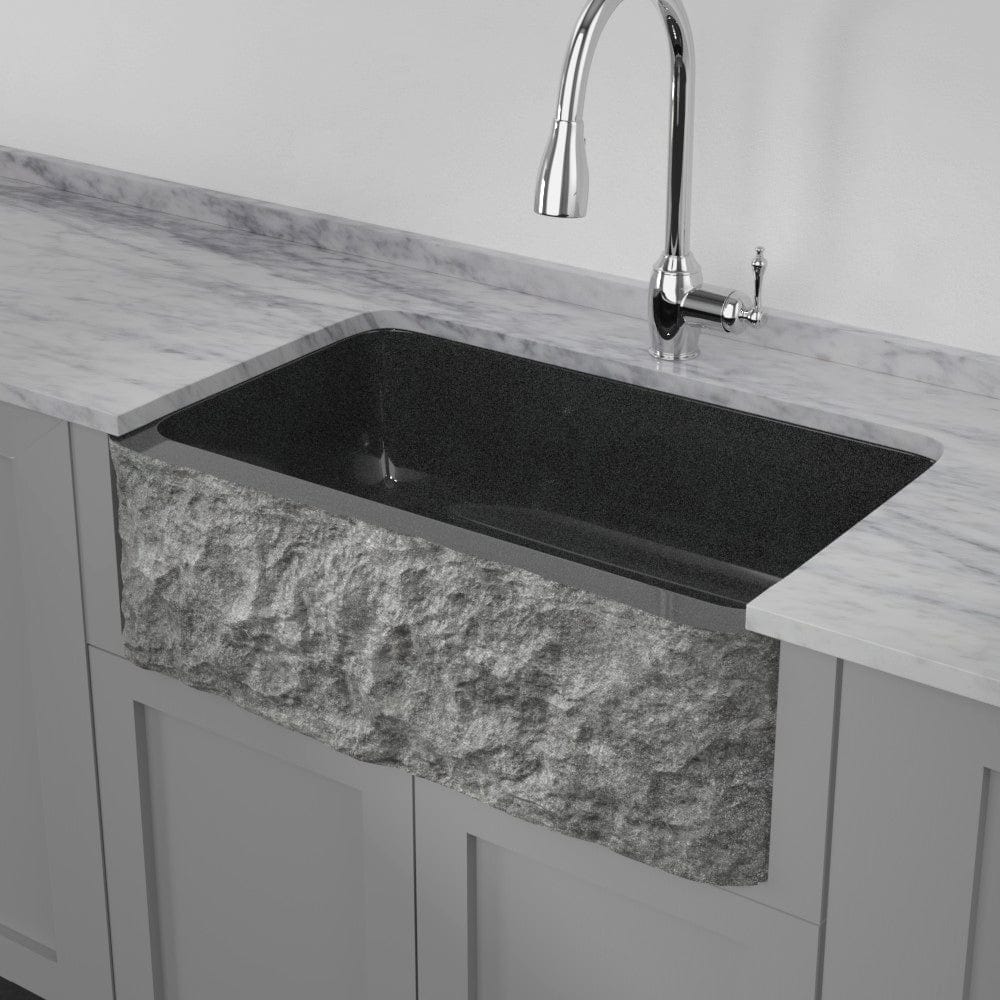 36" Buford Polished Black Granite Single-Bowl Farmhouse Sink - Chiseled Apron