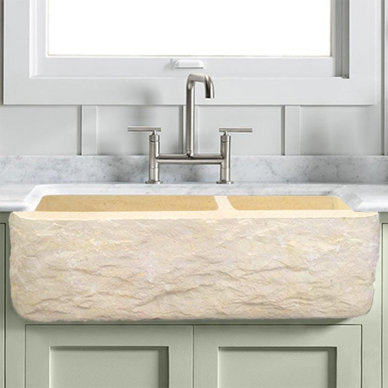 36" Burwell Polished Egyptian Cream Marble 60/40 Offset Double-Bowl Farmhouse Sink - Chiseled Apron