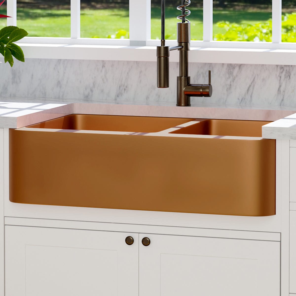 36" Dolton Smooth Copper 60/40 Offset Double-Bowl Farmhouse Sink