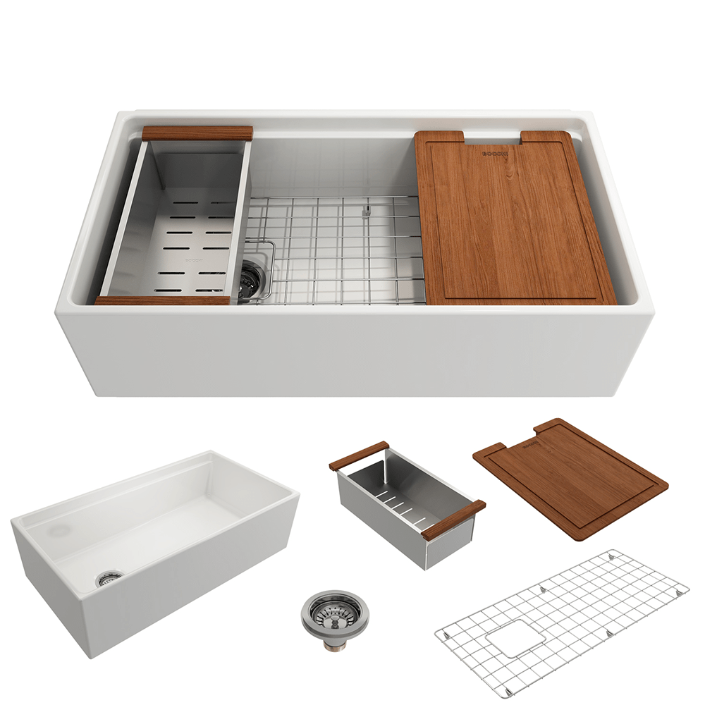 36" Fulton Fireclay Single-Bowl Workstation Farmhouse Sink with Offset Drain