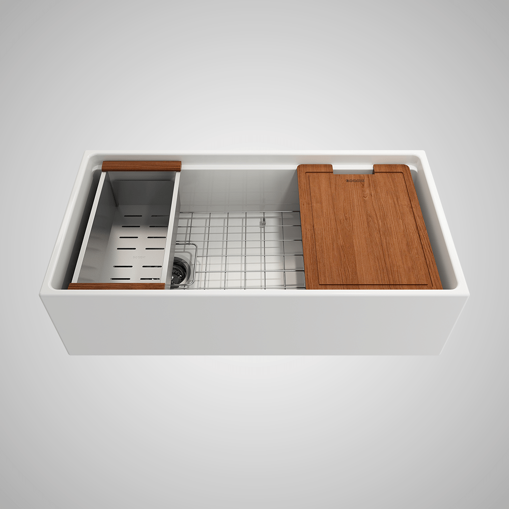 36" Fulton Fireclay Single-Bowl Workstation Farmhouse Sink with Offset Drain