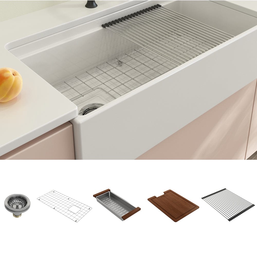 36" Fulton Fireclay Single-Bowl Workstation Farmhouse Sink with Offset Drain