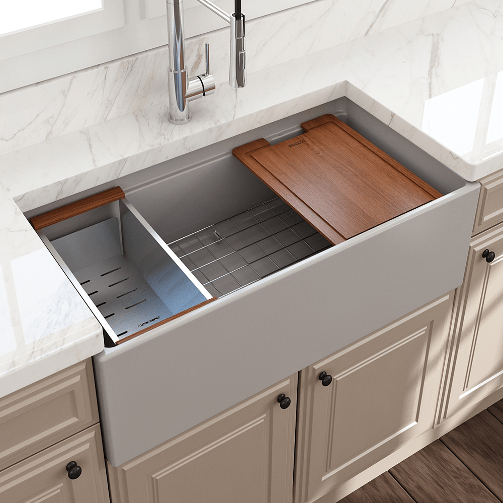 36" Fulton Fireclay Single-Bowl Workstation Farmhouse Sink with Offset Drain
