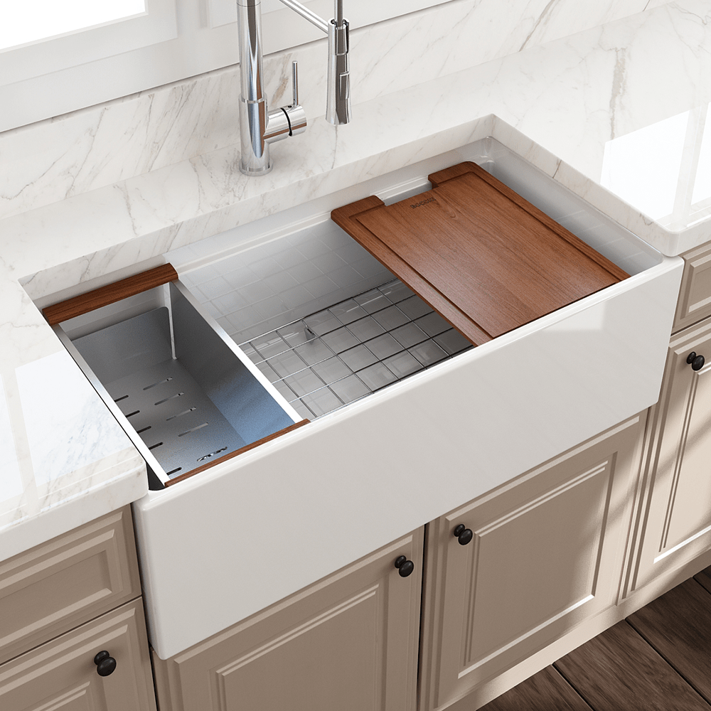 36" Fulton Fireclay Single-Bowl Workstation Farmhouse Sink with Offset Drain