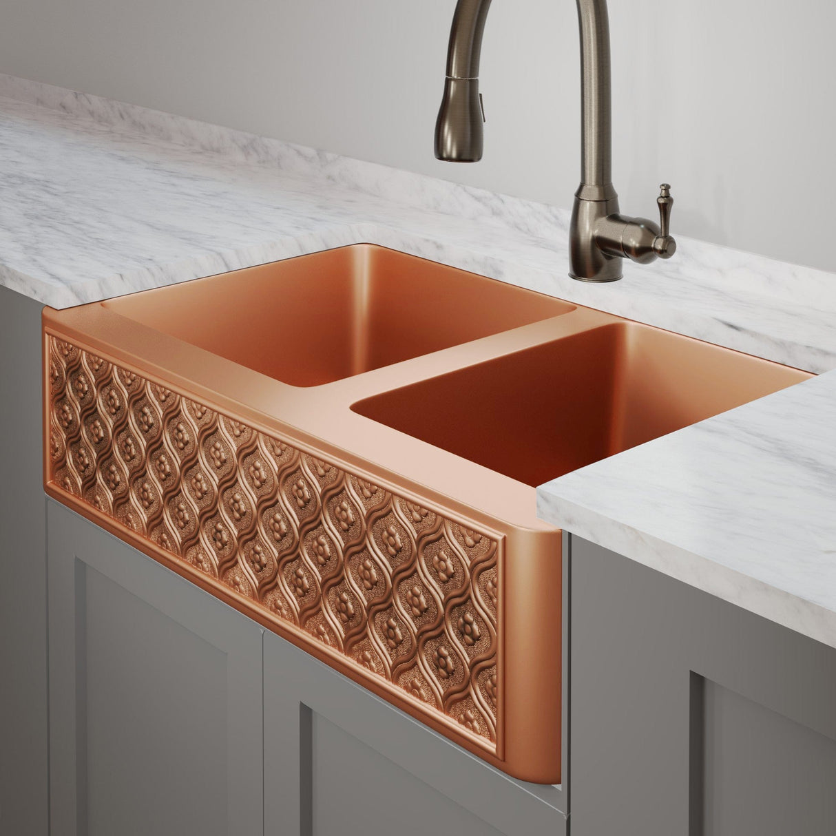 36" Gancher Copper Embossed Floral Design 60/40 Double-Bowl Farmhouse Sink