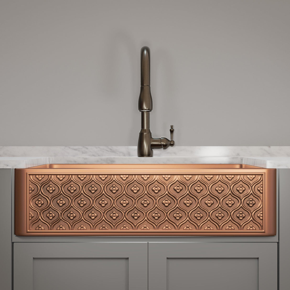 36" Gancher Copper Embossed Floral Design Single-Bowl Farmhouse Sink