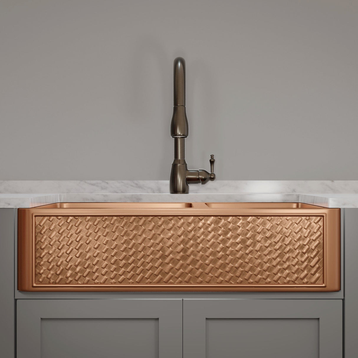 36" Ganston Copper Embossed Weave Design 60/40 Double-Bowl Farmhouse Sink