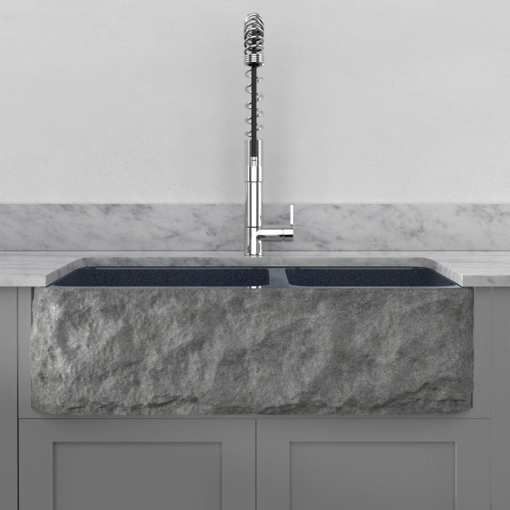 36" Kennesaw Polished Blue Gray Granite 60/40 Offset Double-Bowl Farmhouse Sink - Chiseled Apron