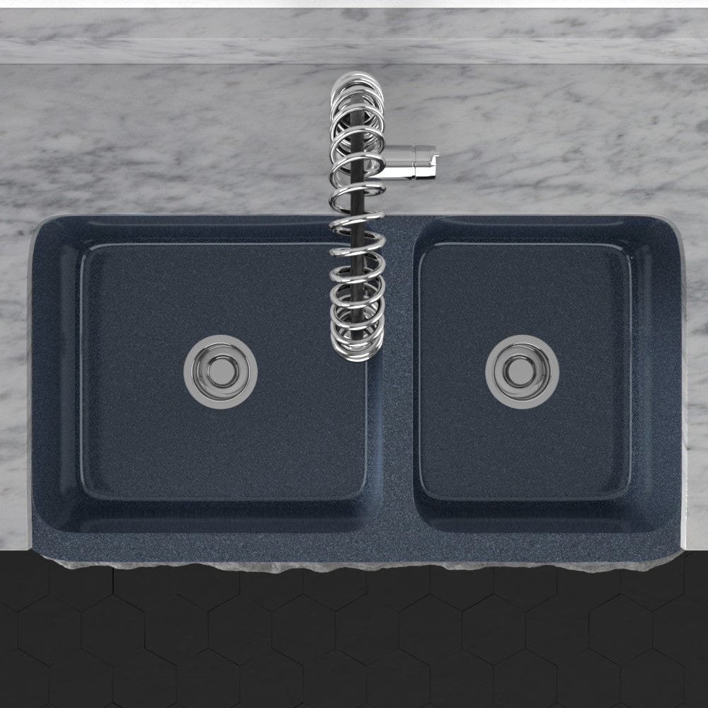 36" Kennesaw Polished Blue Gray Granite 60/40 Offset Double-Bowl Farmhouse Sink - Chiseled Apron