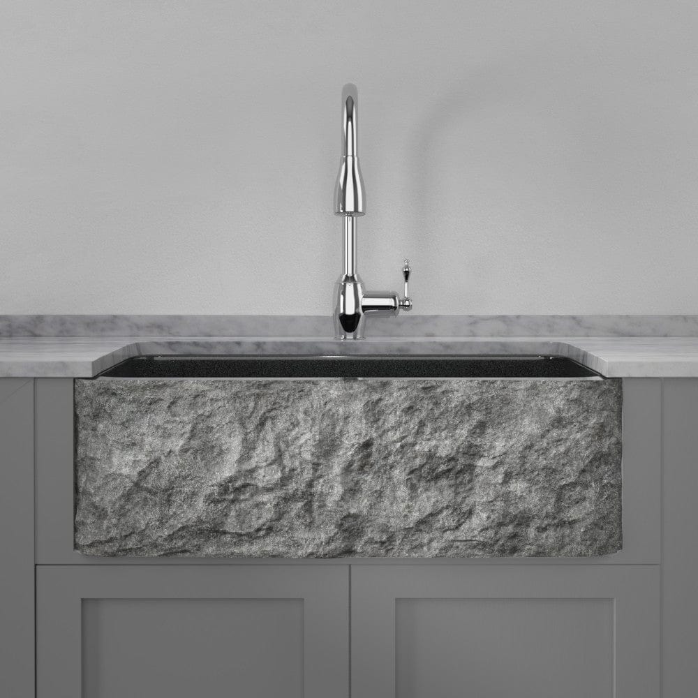 36" Kennesaw Polished Blue Gray Granite Single-Bowl Farmhouse Sink - Chiseled Apron