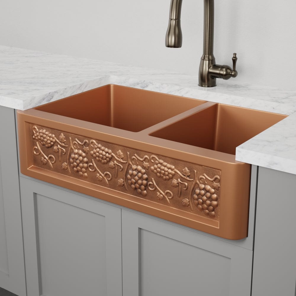 36" Lynn Copper Grape Design 60/40 Offset Double-Bowl Farmhouse Sink