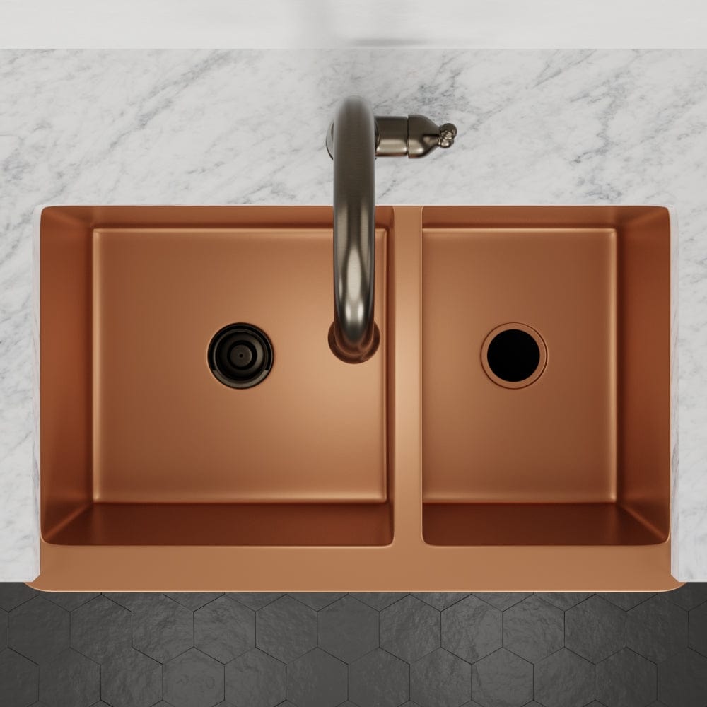 36" Lynn Copper Grape Design 60/40 Offset Double-Bowl Farmhouse Sink