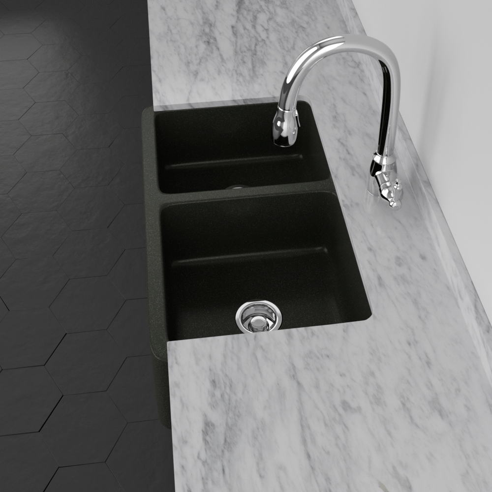 36" Mableton Smooth Polished Black Granite 60/40 Offset Double-Bowl Farmhouse Sink