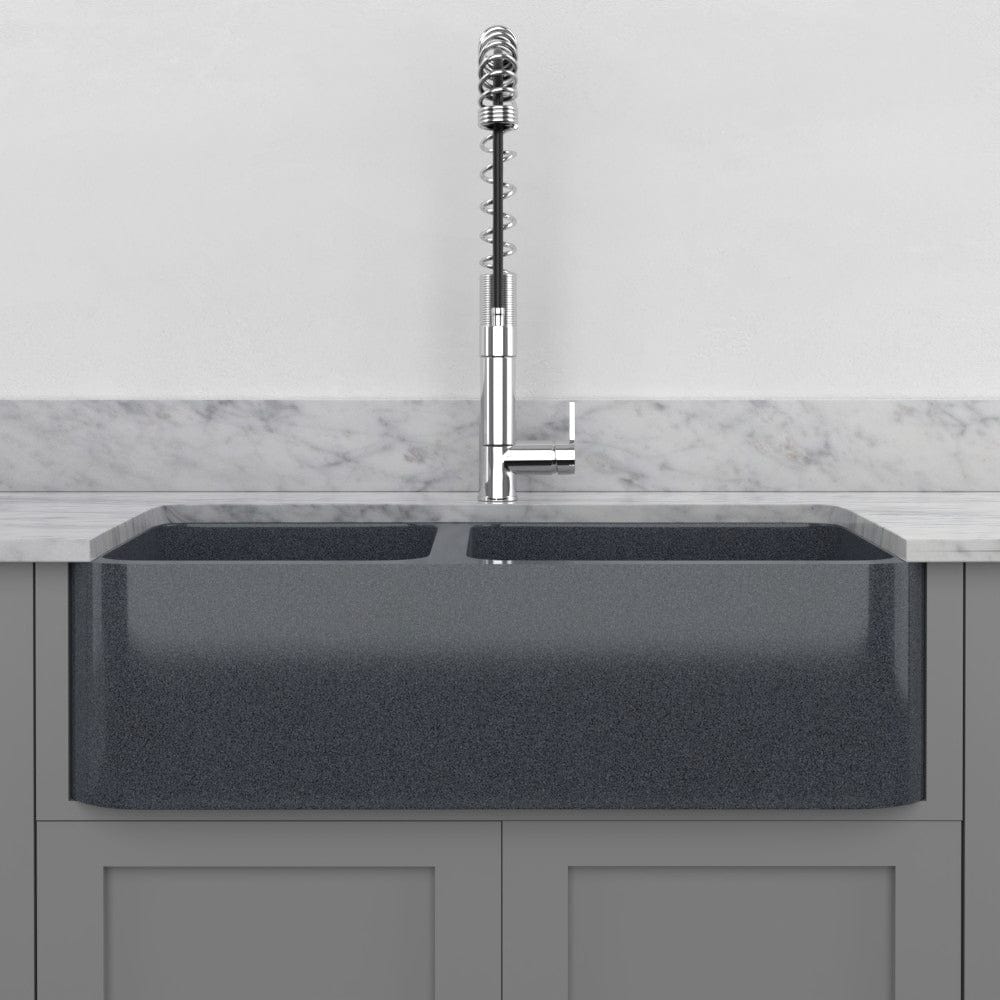 36" Smyrna Smooth Polished Blue Gray Granite 60/40 Offset Double-Bowl Farmhouse Sink