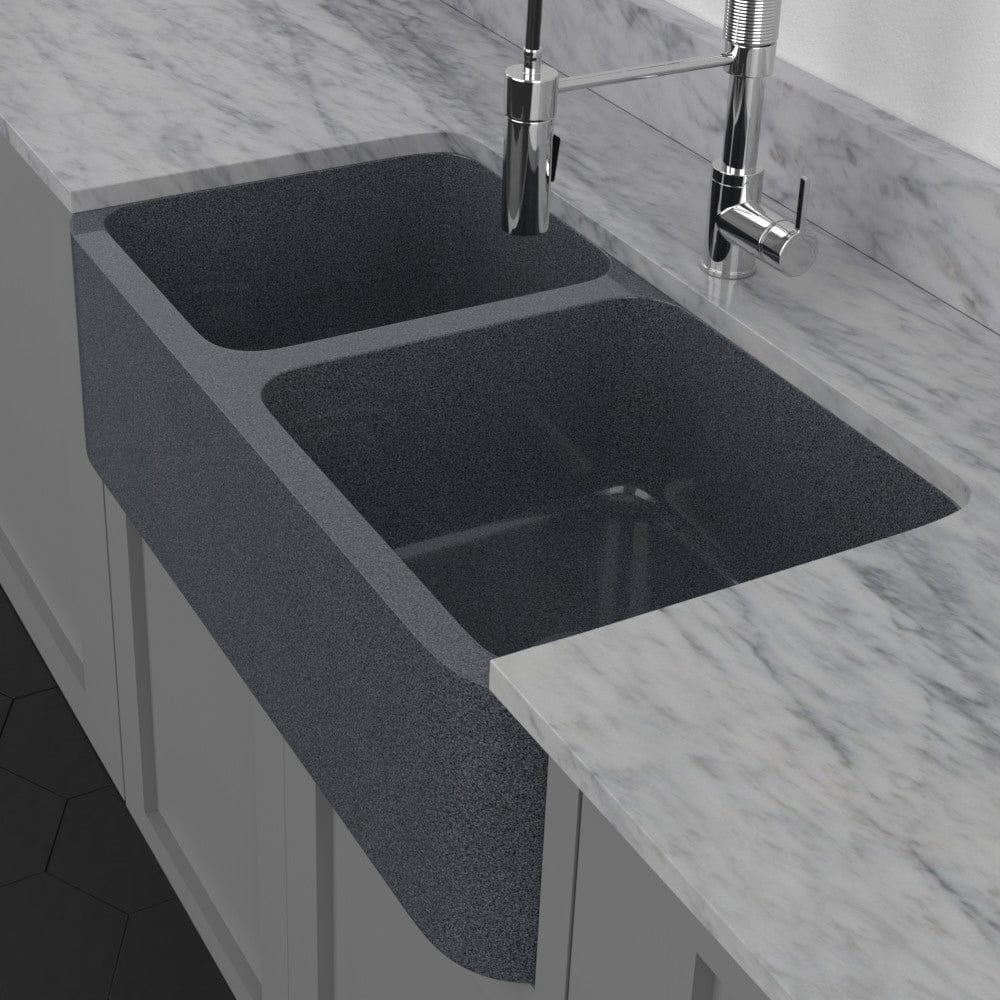 36" Smyrna Smooth Polished Blue Gray Granite 60/40 Offset Double-Bowl Farmhouse Sink