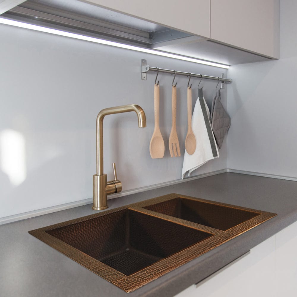 36" Sonora Hammered Copper 50/50 Offset Double-Bowl Drop-In Kitchen Sink