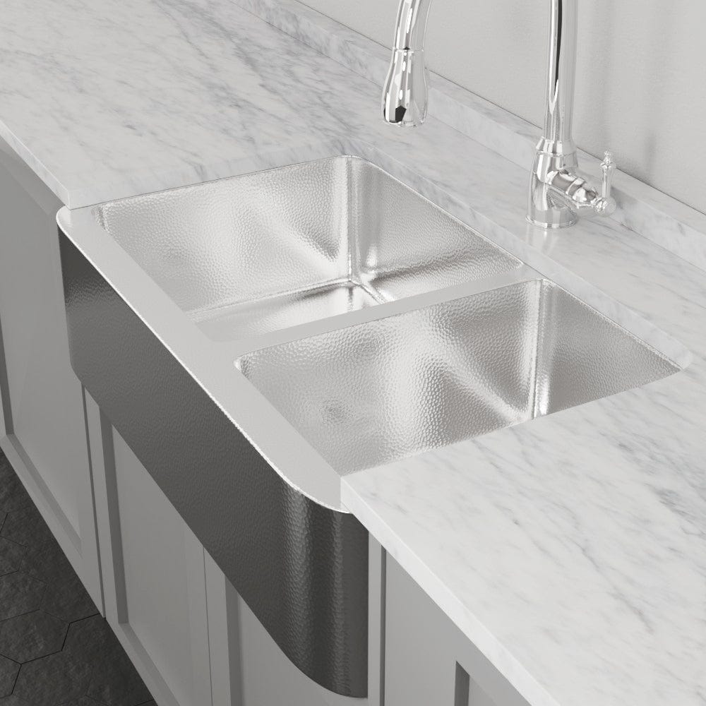 36" Talbert 60/40 Double-Bowl Stainless Steel Farmhouse Sink - Polished Hammered Steel