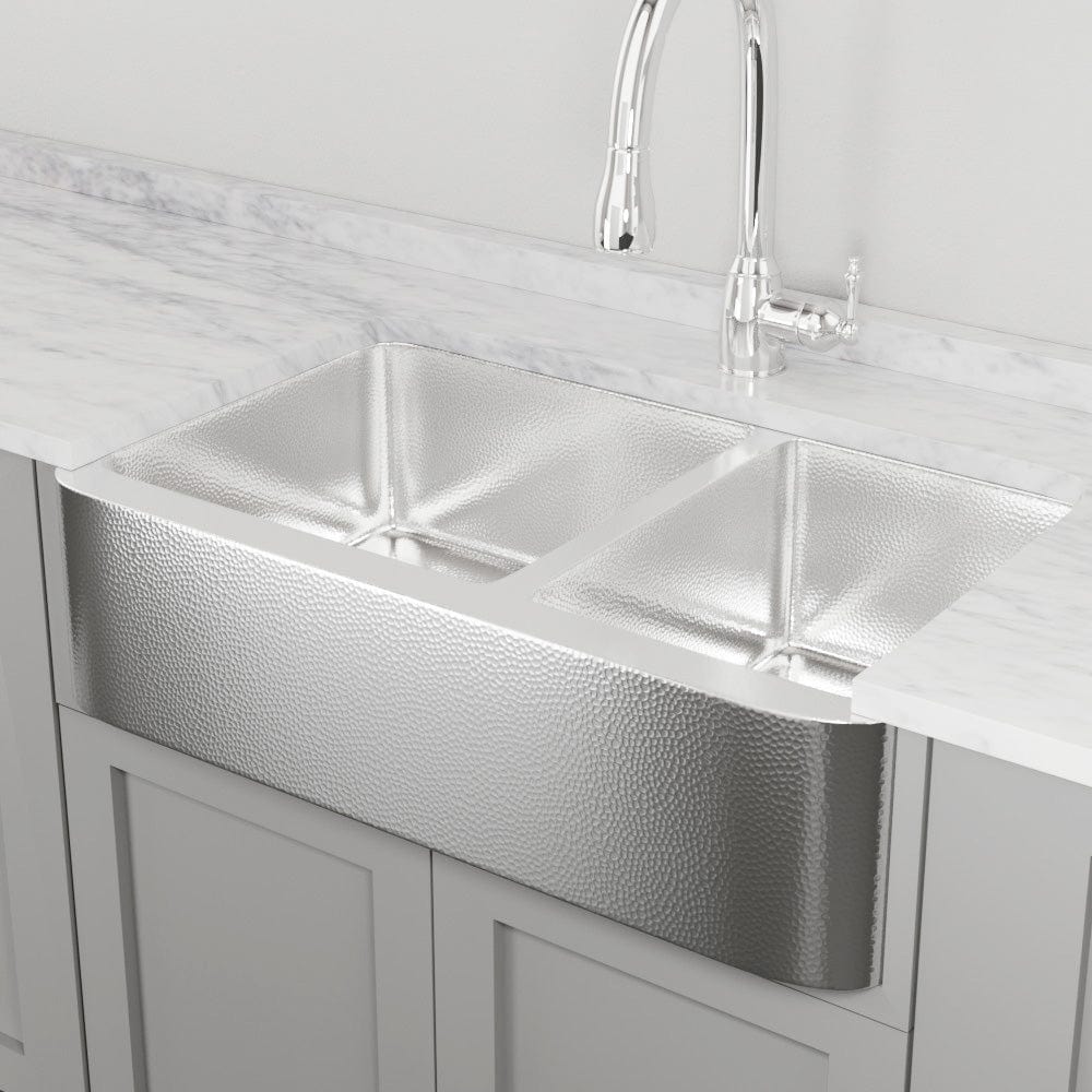 36" Talbert 60/40 Double-Bowl Stainless Steel Farmhouse Sink - Polished Hammered Steel