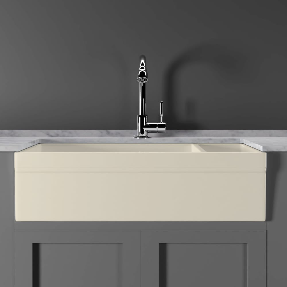 36" Upton Fireclay Decorative Lip 80/20 Offset Double-Bowl Farmhouse Sink