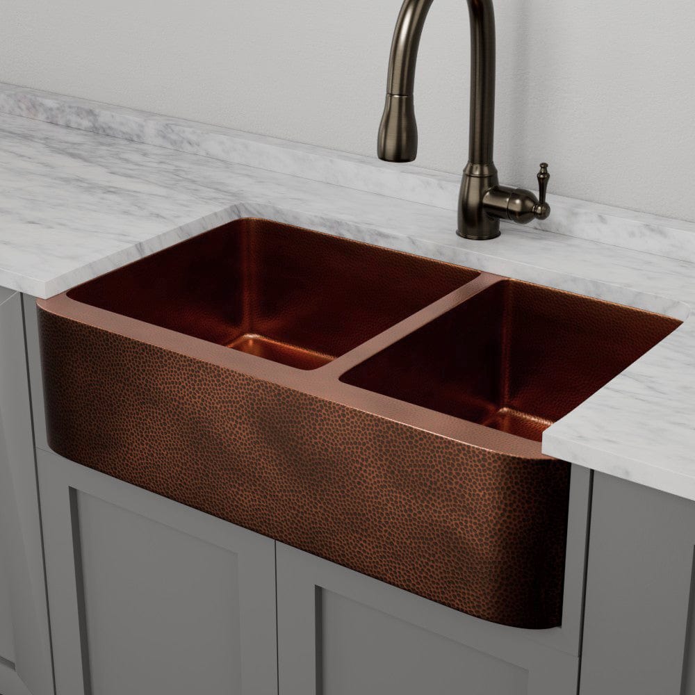 36" Viki 60/40 Hammered Copper Farmhouse Sink - Antique Copper Interior with Dark Copper Exterior