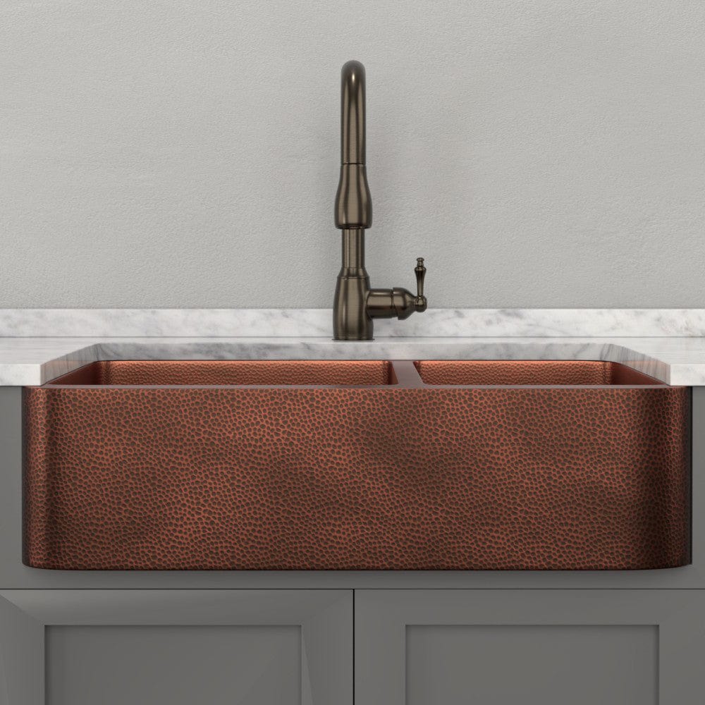 36" Viki 60/40 Hammered Copper Farmhouse Sink - Antique Copper Interior with Dark Copper Exterior