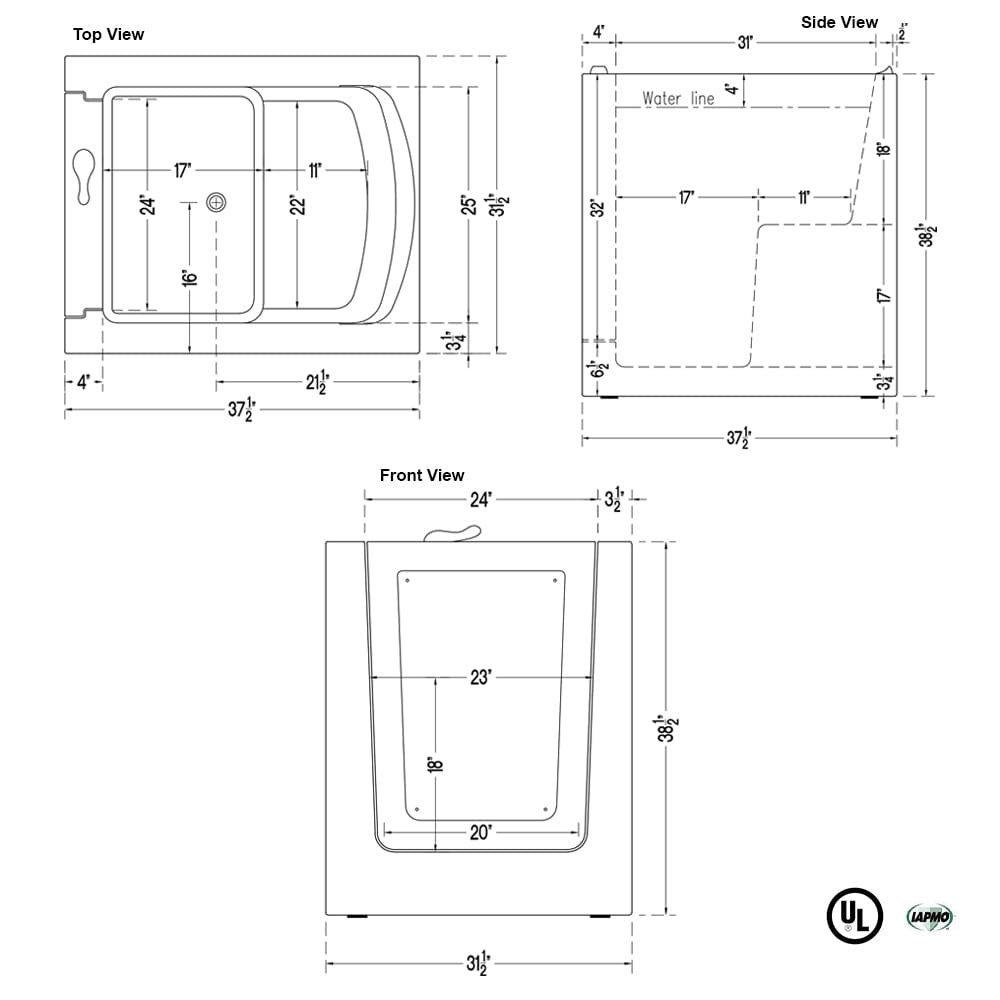 38" Astoria Compact Walk-In Tub - 39" Height