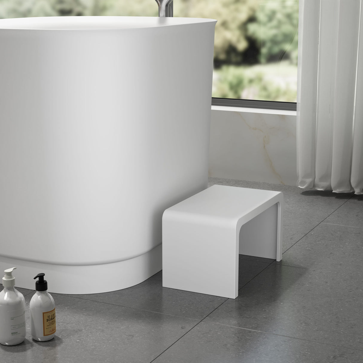 39" Akio Solid Surface Stone Resin Japanese Oval Soaking Bathtub with Integral Seat