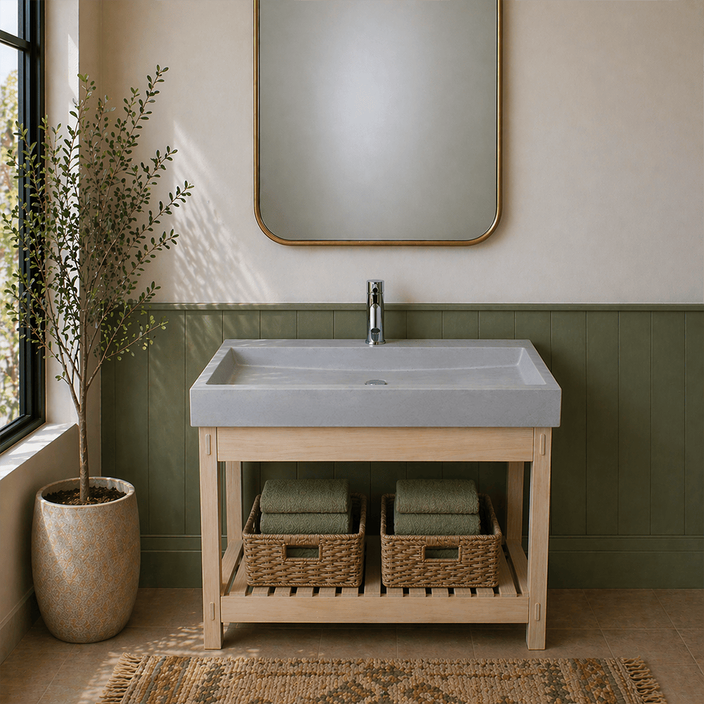39" Amador Rectangular Cast Concrete Vessel Sink with Wood Stand - White Sandstone