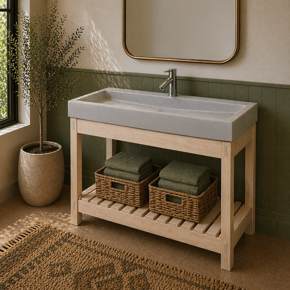 39" Amador Rectangular Cast Concrete Vessel Sink with Wood Stand - White Sandstone