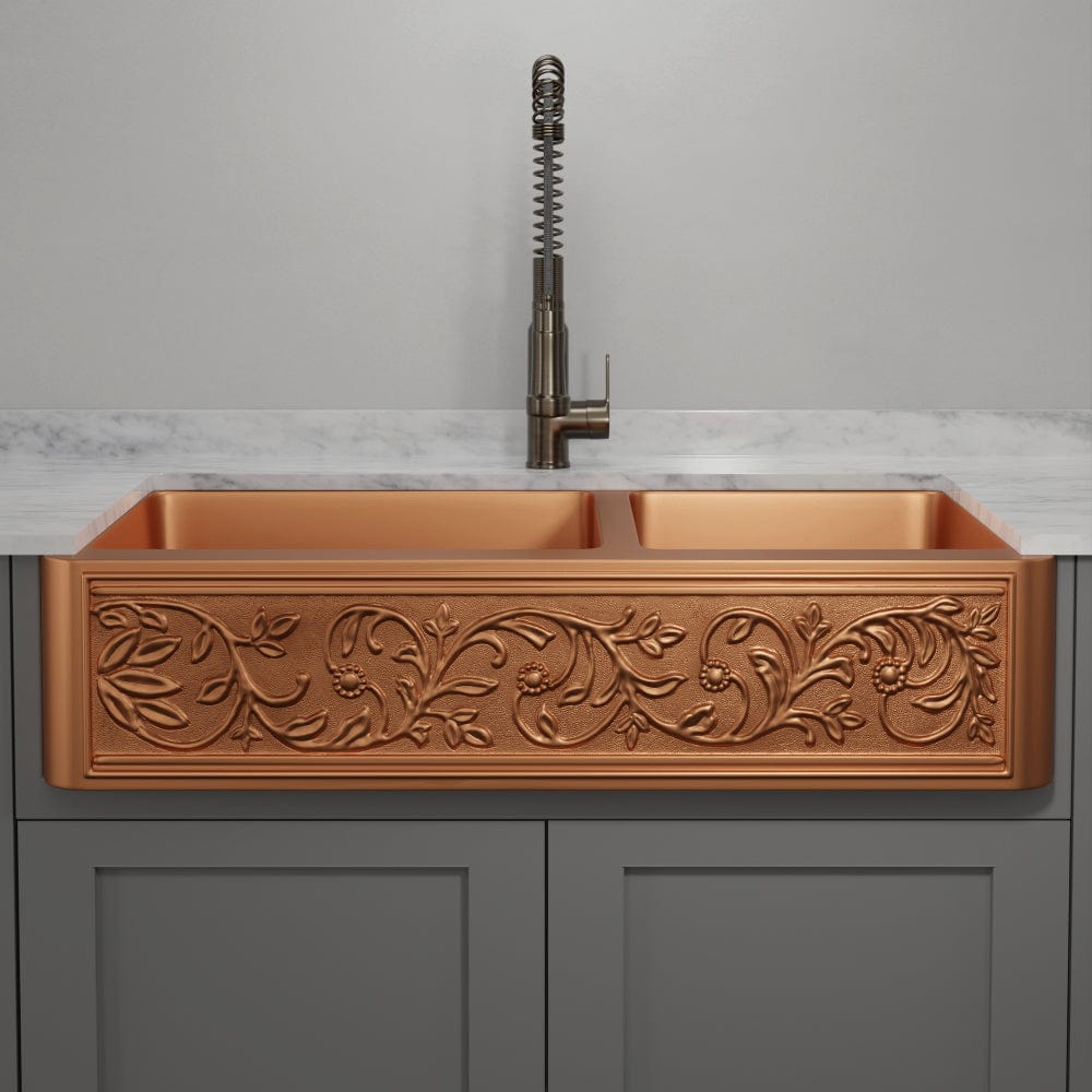 42" Ashland Copper Vine Design 60/40 Offset Double-Bowl Farmhouse Sink