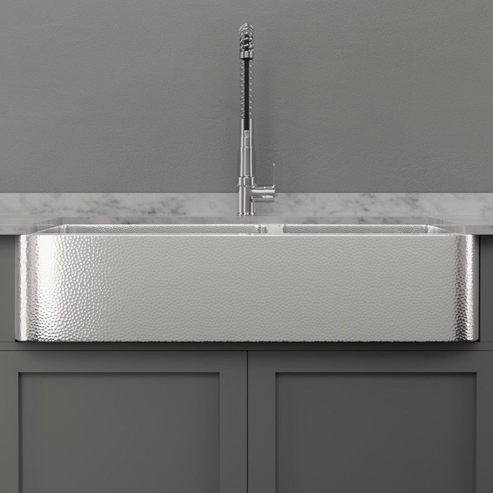 42" Talbert 60/40 Double-Bowl Stainless Steel Farmhouse Sink - Polished Hammered Steel