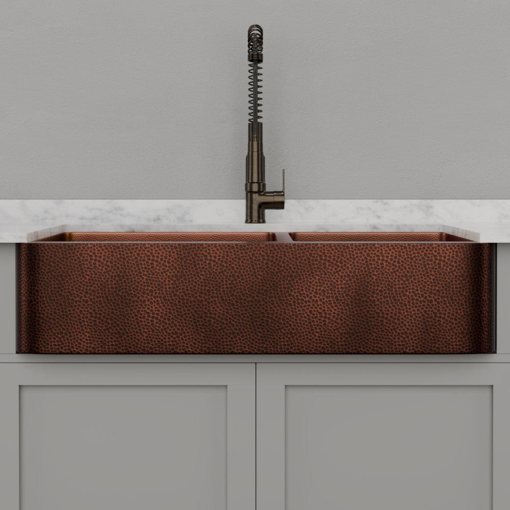 42" Viki 60/40 Hammered Copper Farmhouse Sink - Antique Copper Interior with Dark Copper Exterior