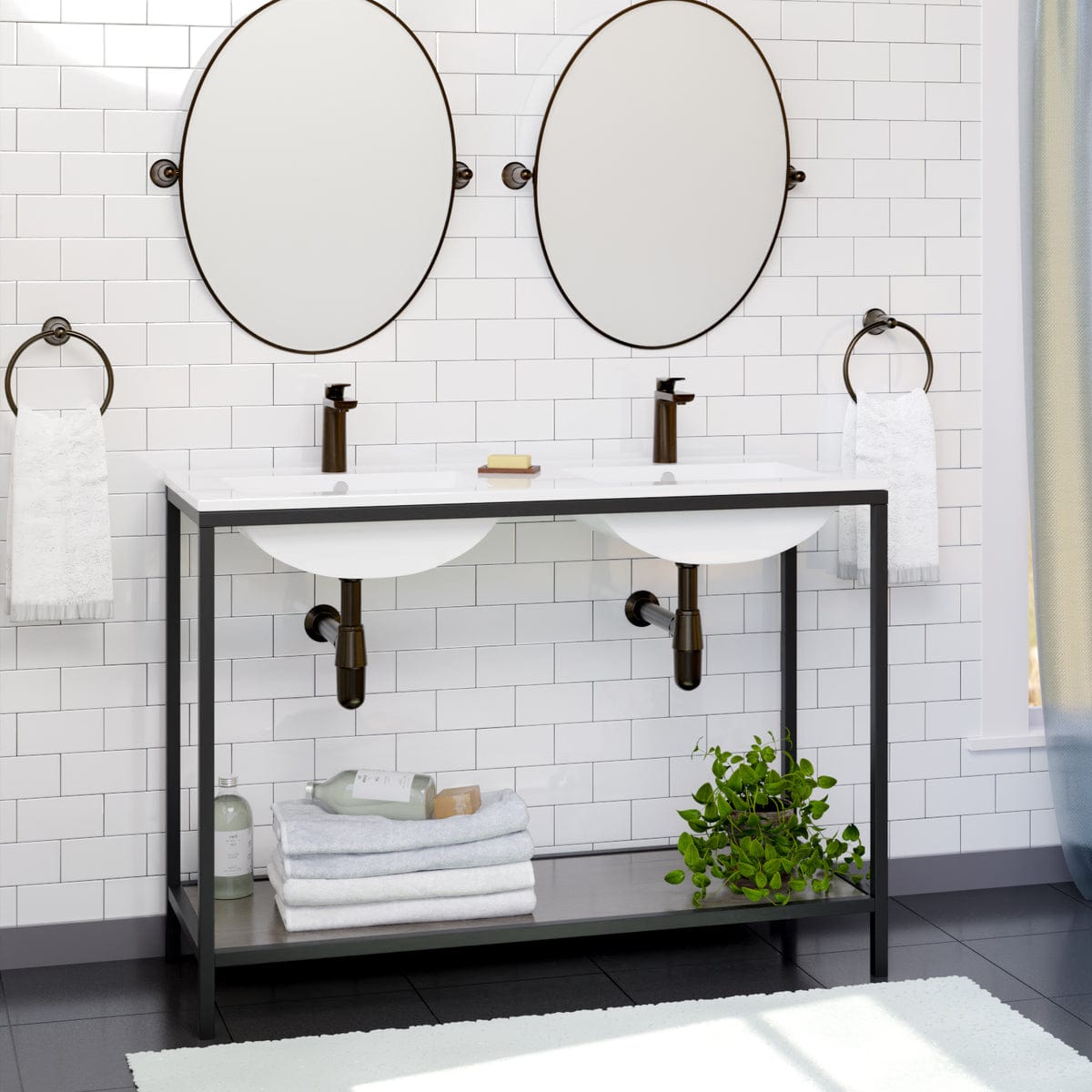 48" Regina Vitreous China Double Bowl Console Bathroom Sink with Black Powdercoat Iron Stand
