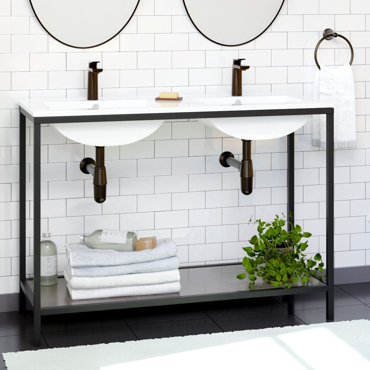 48" Regina Vitreous China Double Bowl Console Bathroom Sink with Black Powdercoat Iron Stand