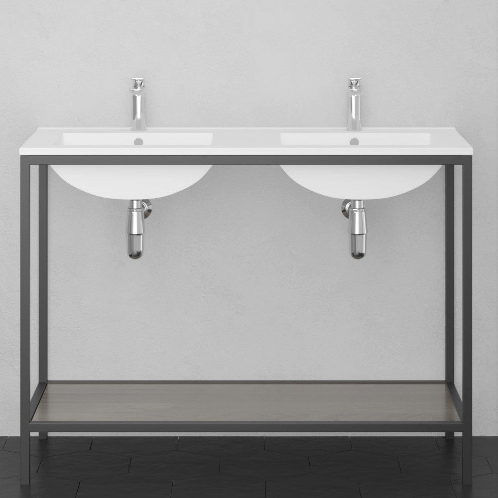 48" Regina Vitreous China Double Bowl Console Bathroom Sink with Black Powdercoat Iron Stand