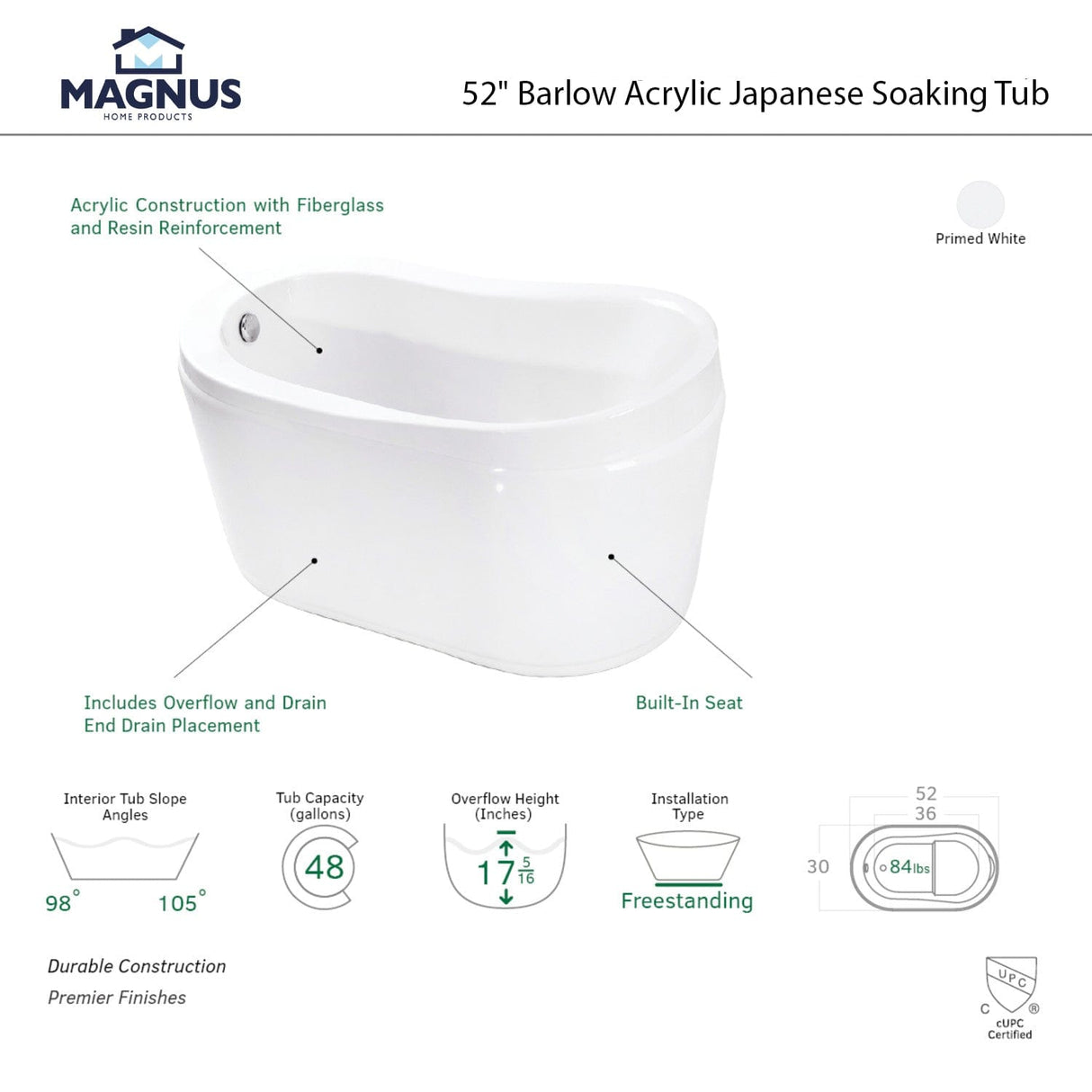 52" Barlow Acrylic Japanese Soaking Tub