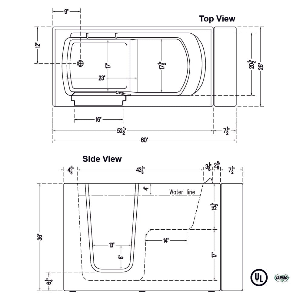53" Winthrop Compact Walk-In Tub - 36" Height