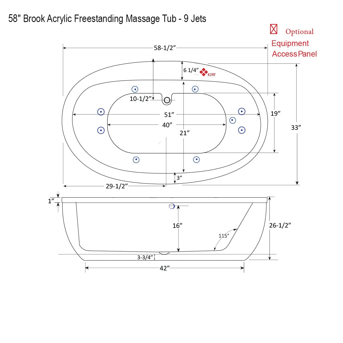 58" Brook Acrylic Freestanding Massage Tub