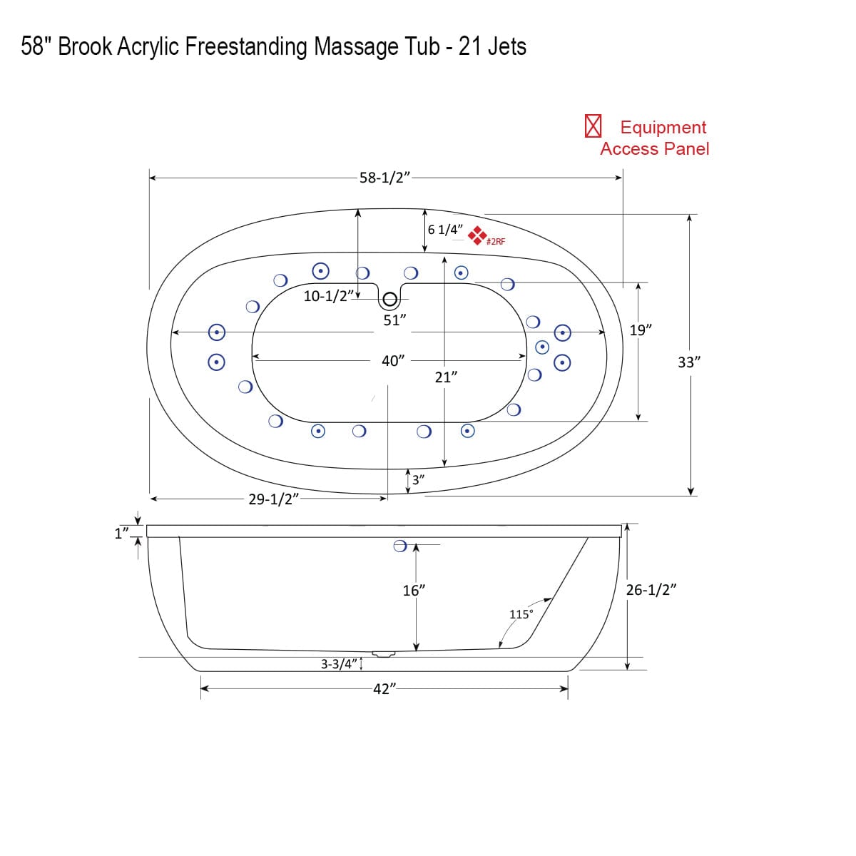 58" Brook Acrylic Freestanding Massage Tub