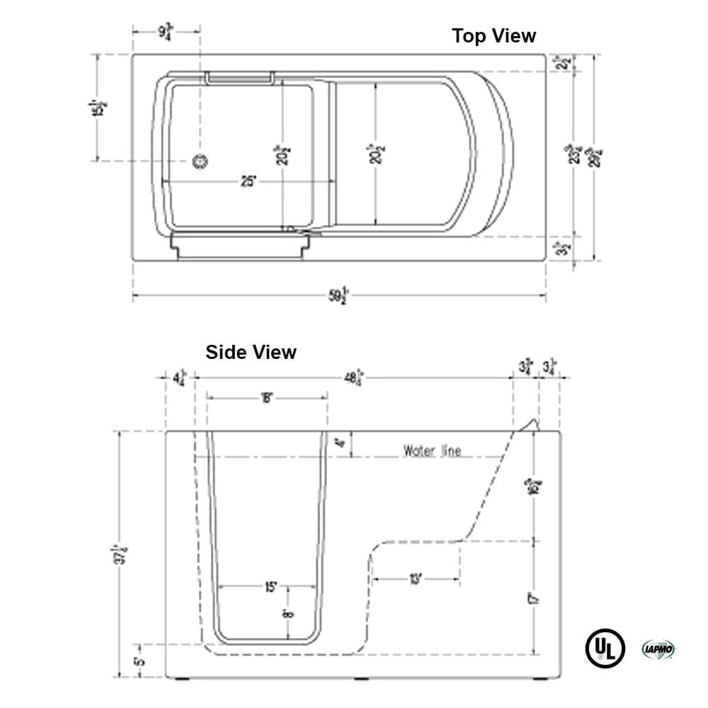 60" Ely Standard Walk-In Tub - 36” Height
