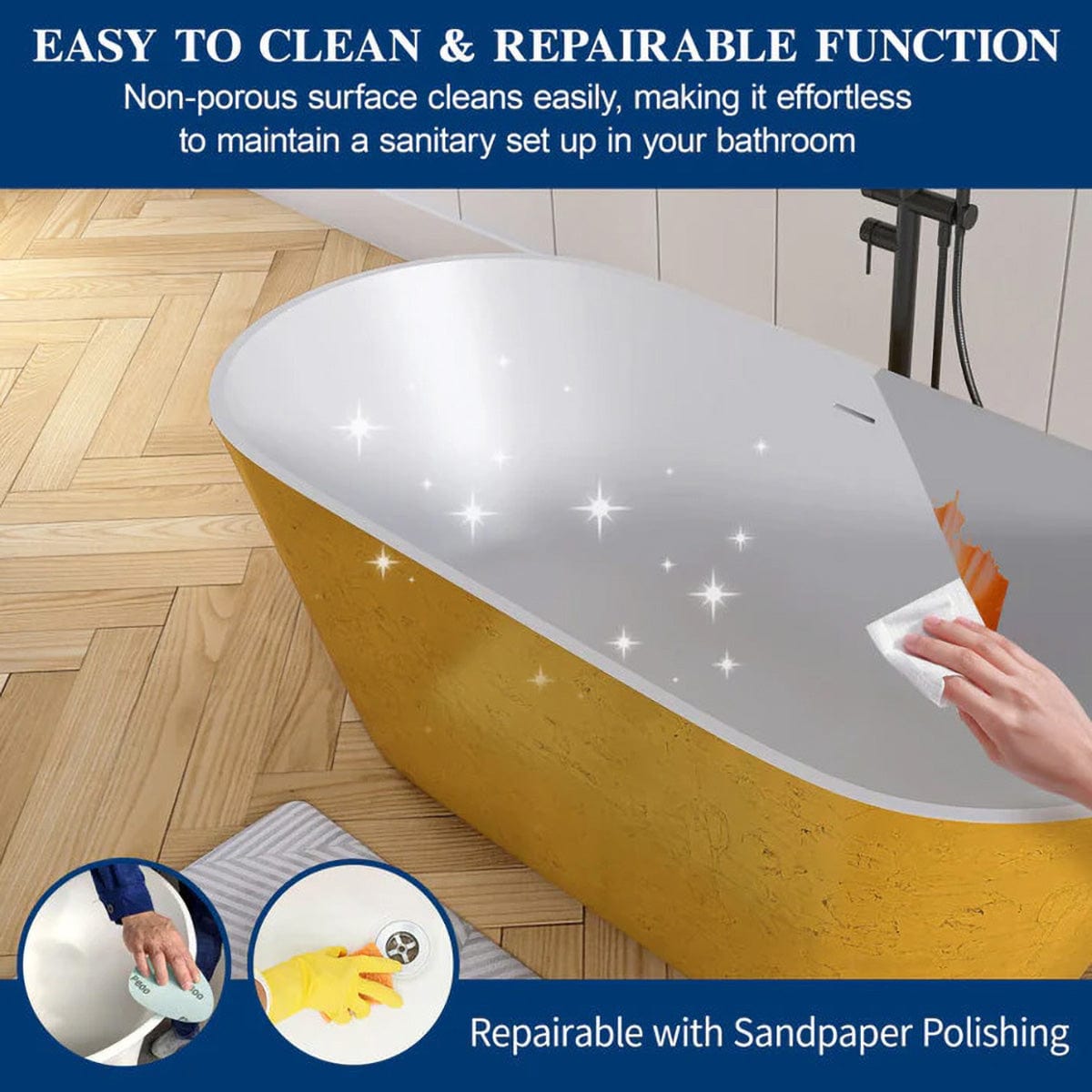 63" Lyttle Solid Surface Stone Resin Freestanding Bathtub - Gold Leaf